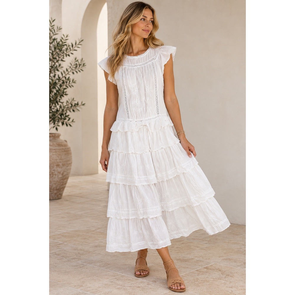 Banana Republic Dress Women Small White Embroidered Tiered Midi Cottagecore Boho
